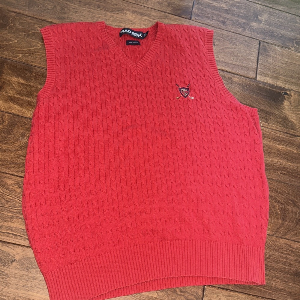 Vintage Polo Ralph Lauren Vest Mens L Red Crest‎ Cable Knit Cotton Preppy V Neck